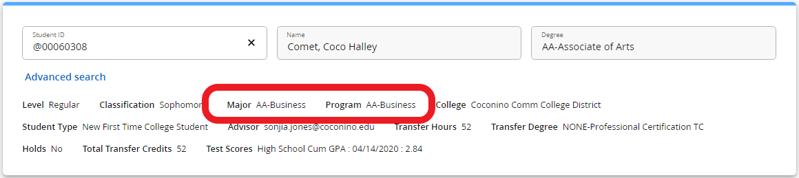 Image clip of Degree Works Student Information block Red circle indicating location of Degree and Program of Study on the Degree Works Student Information Block