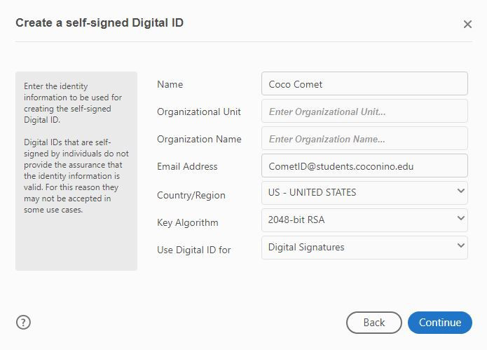 Create a self-signed Digital ID box opened with the fields filled in with example student data