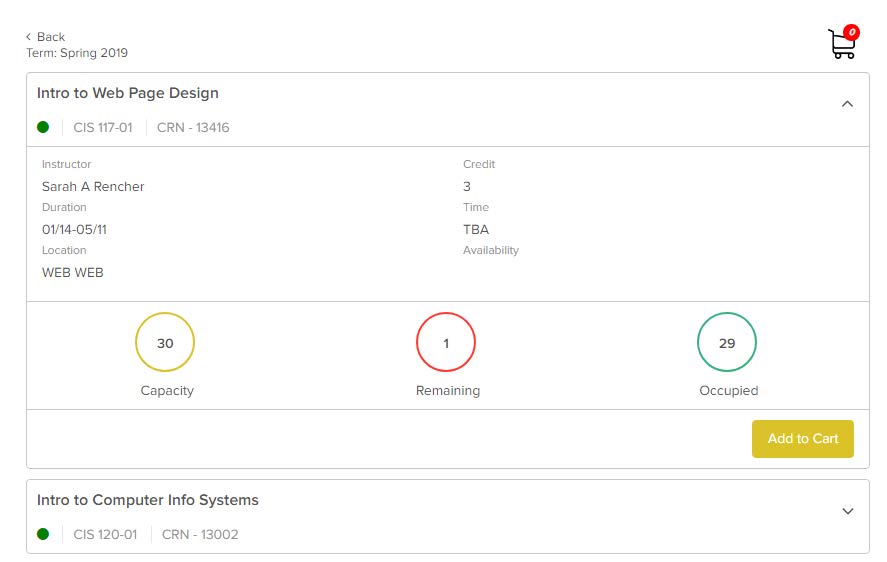 Register for Class Example Image with a class added to a cart to register