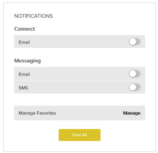 Notification Settings Menu items - Connect Email On/Off, Messaging Email On/Off, Messaging SMS On/Off, and Manage Favorites